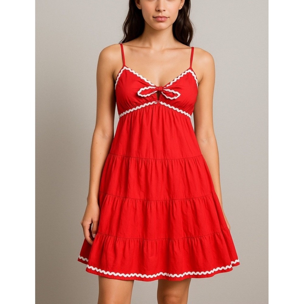 English Factory Red Tiered Dress Size M Spaghetti Strap Bow Scalloped Trim